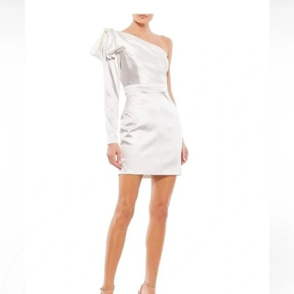 MAC DUGGAL One Shoulder Long Sleeve Satin Cocktail White Mini Dress Size 2 Stret